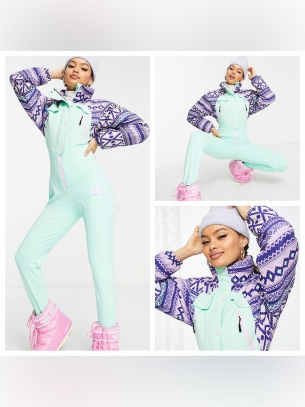 ASOS 4505 Retro Geo Print Ski Snow Suit in Mint Green/Purple size US 2 Excellent